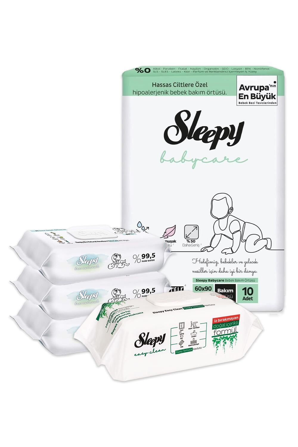 Sleepy Bebek Bakım Örtüsü 10'lu, Islak Mendil 120 Yaprak ve Temizlik Havlusu