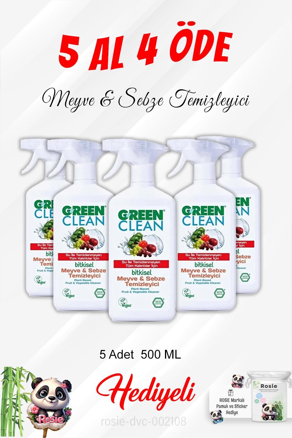 Gren Clean 5 Al 4 Öde Meyve Sebze Temizleyici 500 ML ve Rosie Pamuk