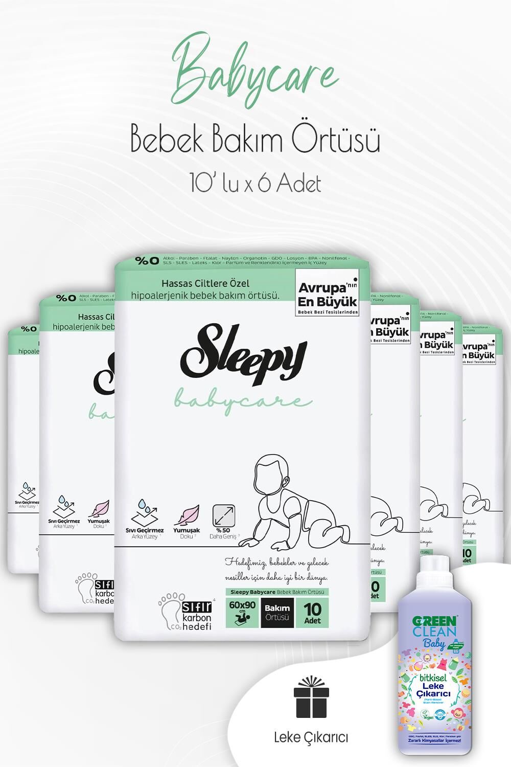 Sleepy Babycare Bebek Bakım Örtüsü 10'lu x 6 Adet ve Bebek Leke Çıkarıcı