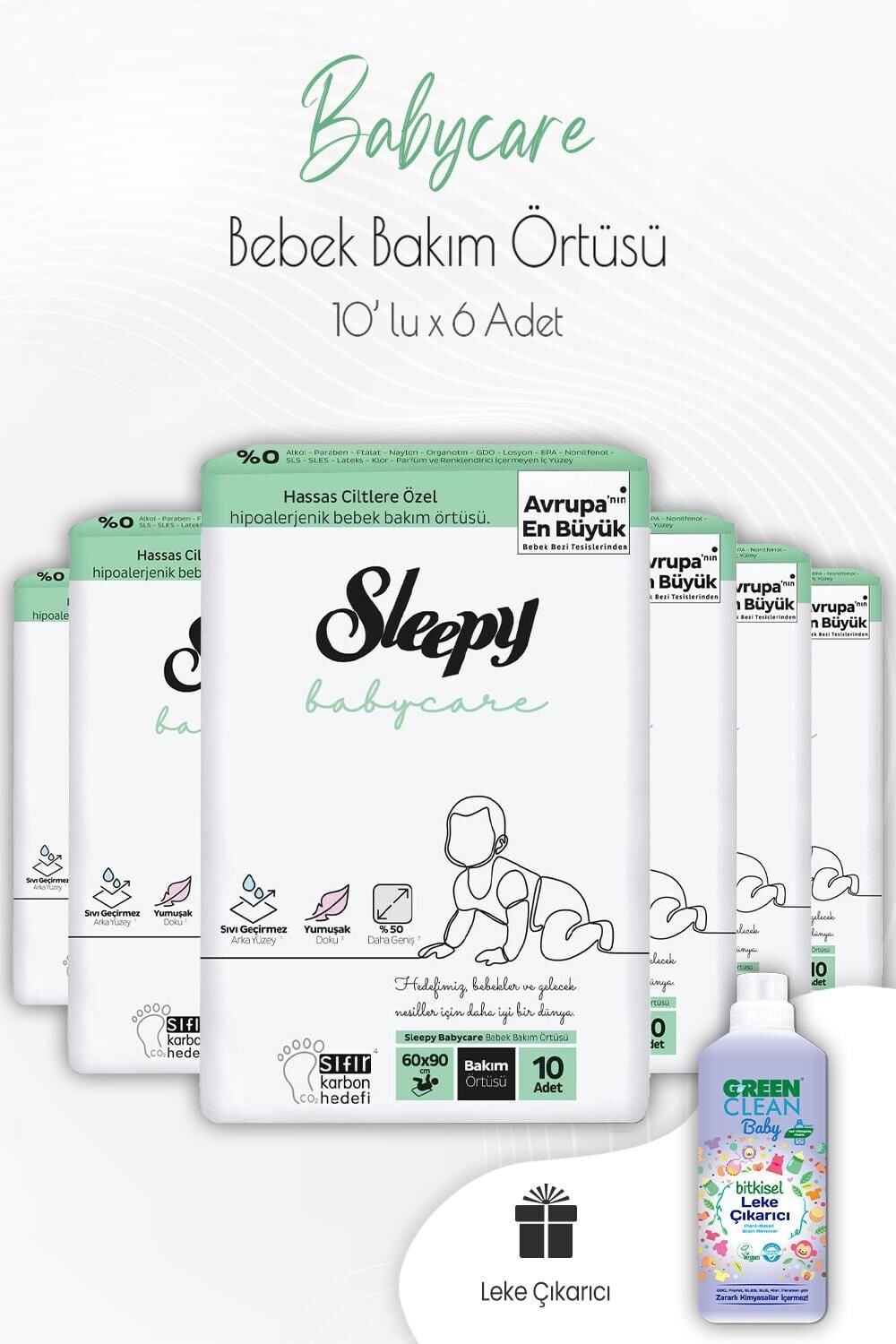 Sleepy Babycare Bebek Bakım Örtüsü 10'lu x 6 Adet ve Bebek Leke Çıkarıcı