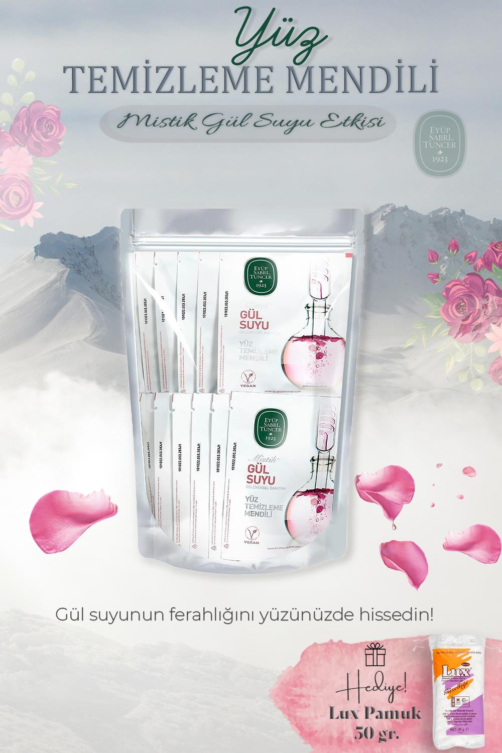 Mistik Gül Suyu 30'lu Yüz Temizleme Mendili ve Pamuk Hediyeli