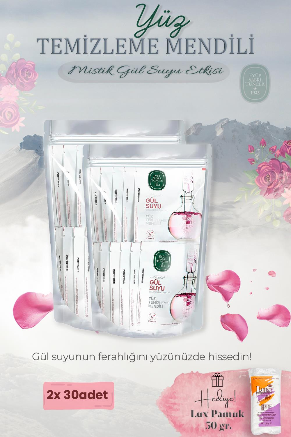 Mistik Gül Suyu 60'lı Yüz Temizleme Mendili ve Pamuk Hediyeli