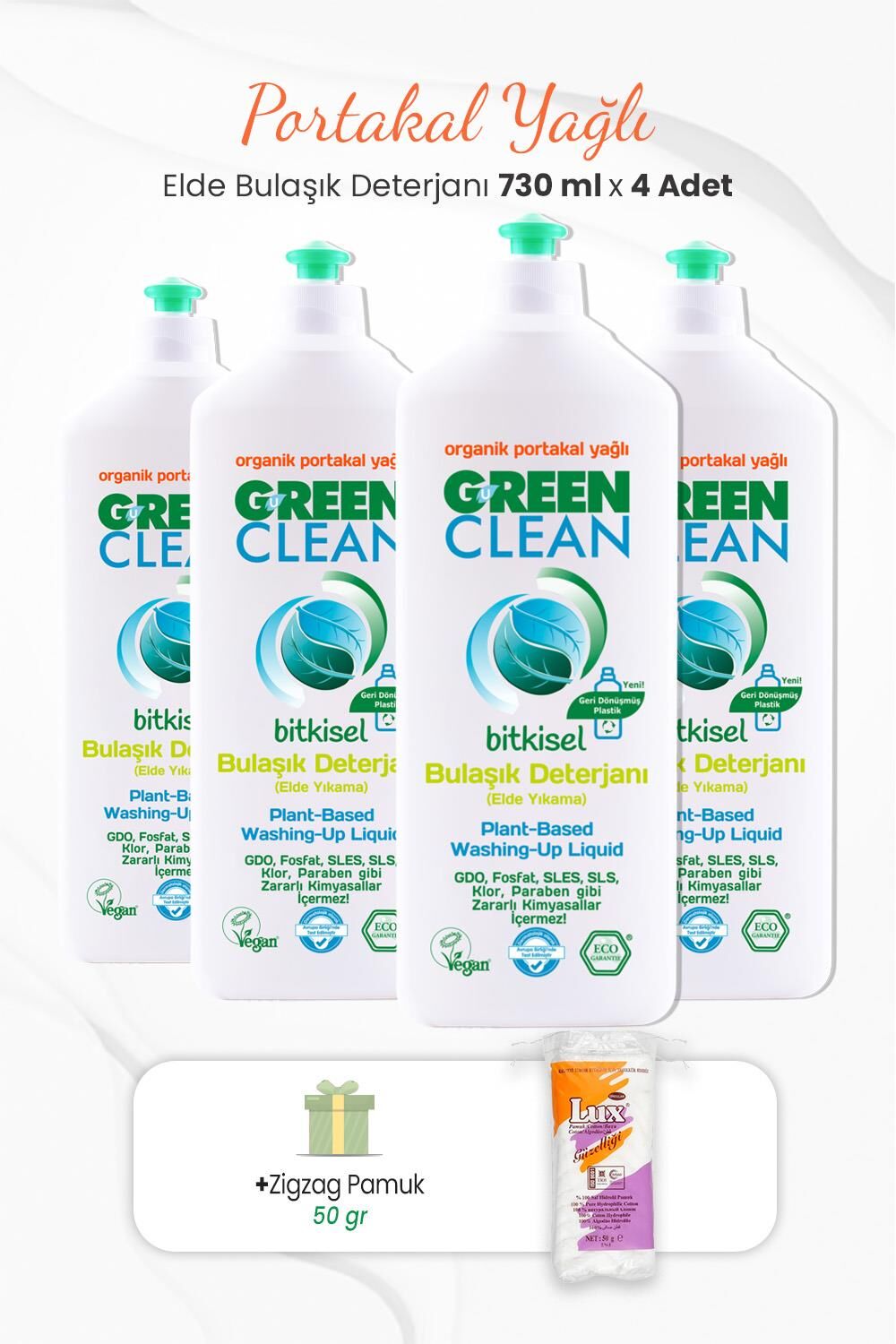 Green Clean Elde Bulaşık Deterjanı 730 ml x 4 Adet ve Zigzag Pamuk 50 gr