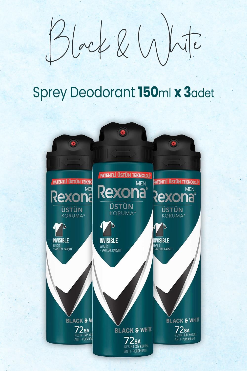 Rexona Men Sprey Deodorant Black White 150 ml x 3 Adet
