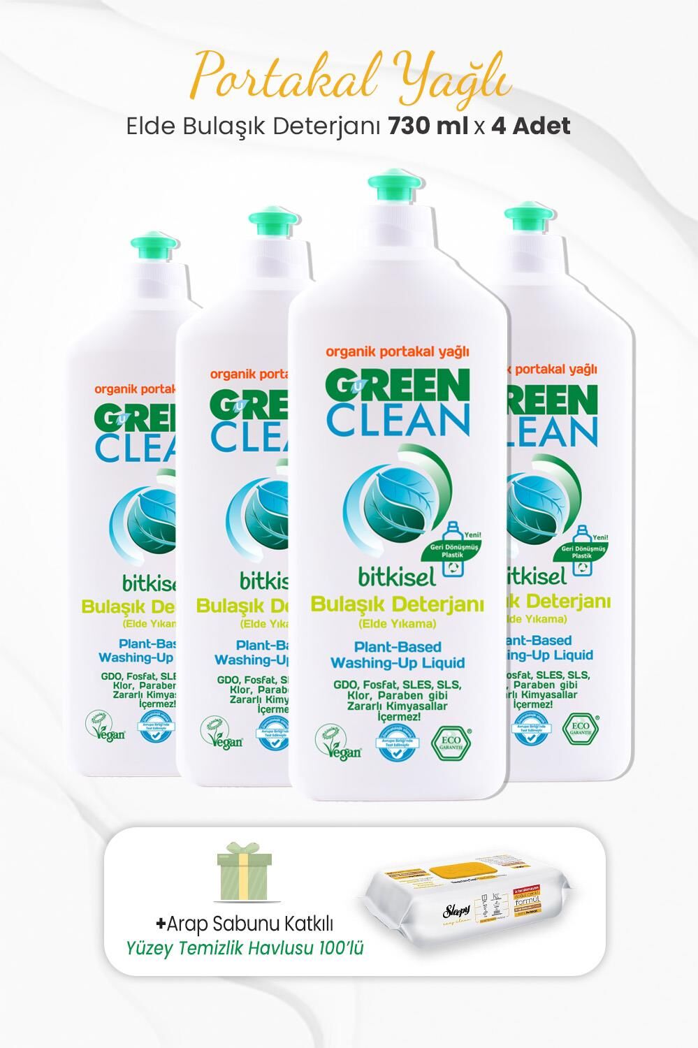Green Clean 4lü Elde Bulaşık Deterjanı  730 ml ve Arap Sabunlu Temizlik Havlusu