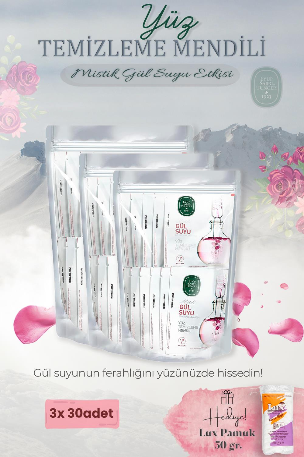 Mistik Gül Suyu 90'lı Yüz Temizleme Mendili ve Pamuk Hediyeli