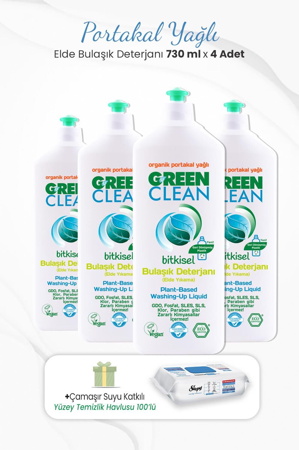 Green Clean 730 ml Bitkisel Elde Bulaşık Deterjanı x 4 Adet ve Çamaşır Sulu Temizlik Havlusu