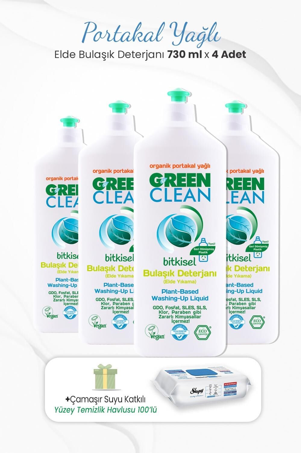 Green Clean 730 ml Bitkisel Elde Bulaşık Deterjanı x 4 Adet ve Çamaşır Sulu Temizlik Havlusu