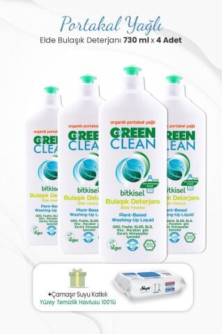 Green Clean 730 ml Bitkisel Elde Bulaşık Deterjanı x 4 Adet ve Çamaşır Sulu Temizlik Havlusu