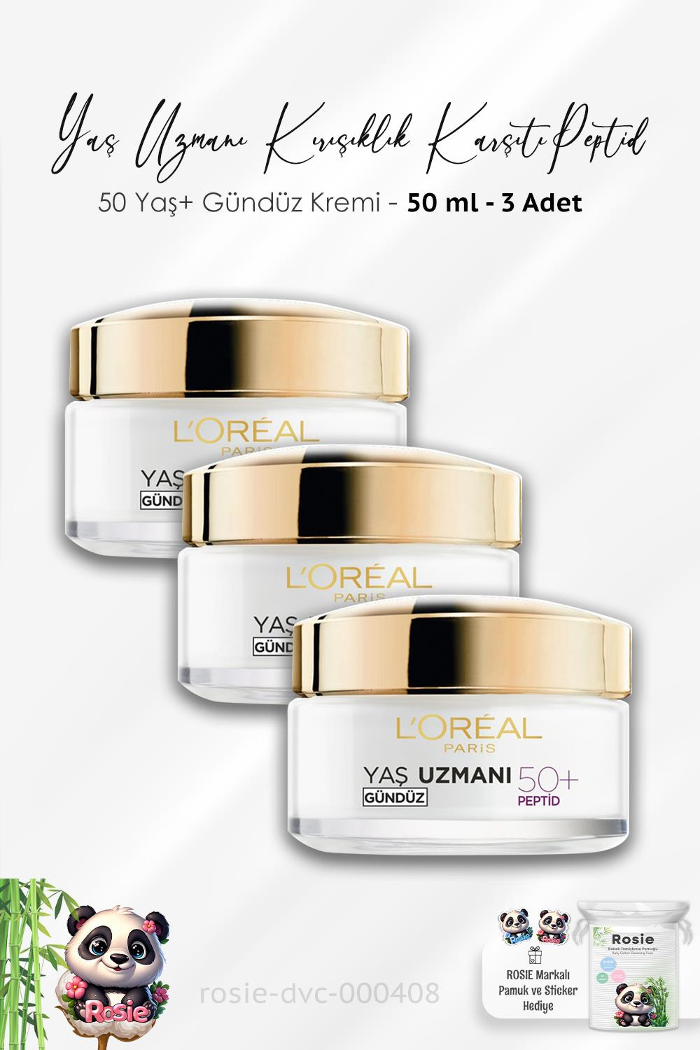 3 Adet Loreal Paris Kırışıklık Karşıtı Gündüz Kremi 50+ Peptidler 50 ml ve ROSIE