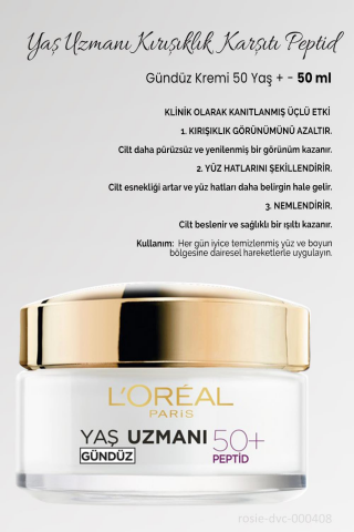 3 Adet Loreal Paris Kırışıklık Karşıtı Gündüz Kremi 50+ Peptidler 50 ml ve ROSIE