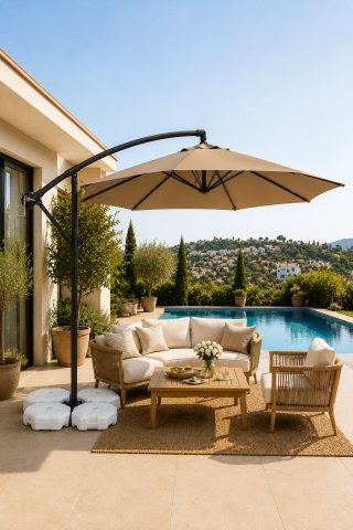 Koyu Krem Makaralı Bahçe Şemsiyesi 300 cm Çap / 8 Telli + 4'lü 20 lt Sabitleyici Bidon DAHİLDİR