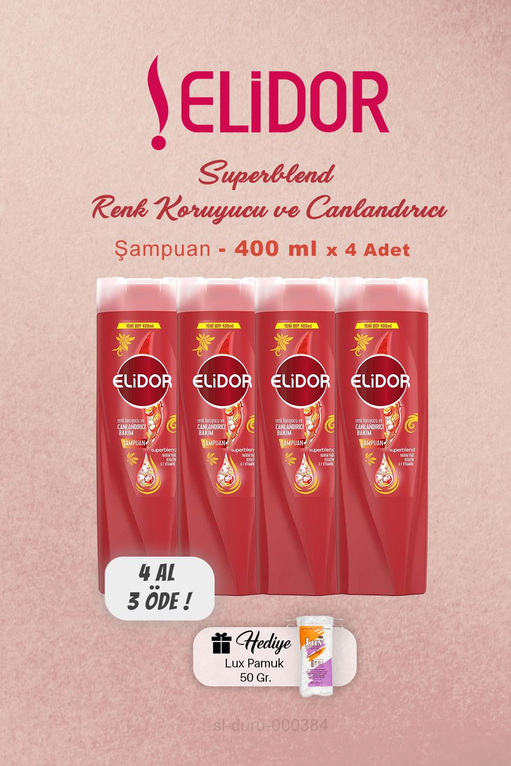 4 AL 3 ÖDE Elidor Şampuan Renk Koruyucu Canlandırıcı 400 ml, Pamuk Hediyeli