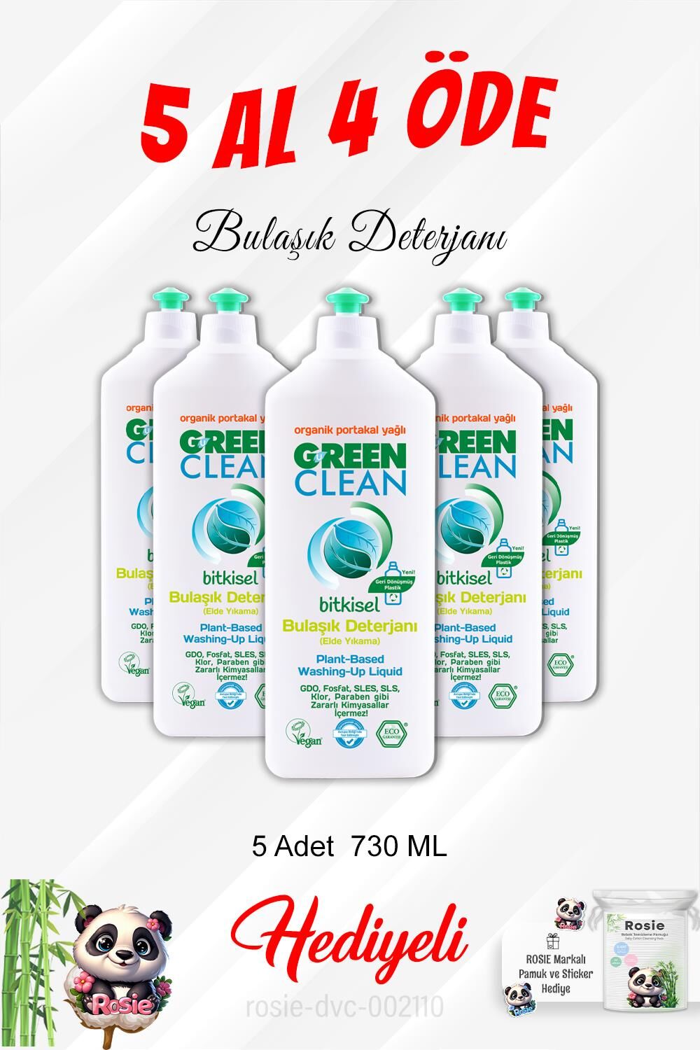 Gren Clean Elde Bulaşık Deterjanı 5 Al 4 Öde 730 ML ve Rosie Pamuk