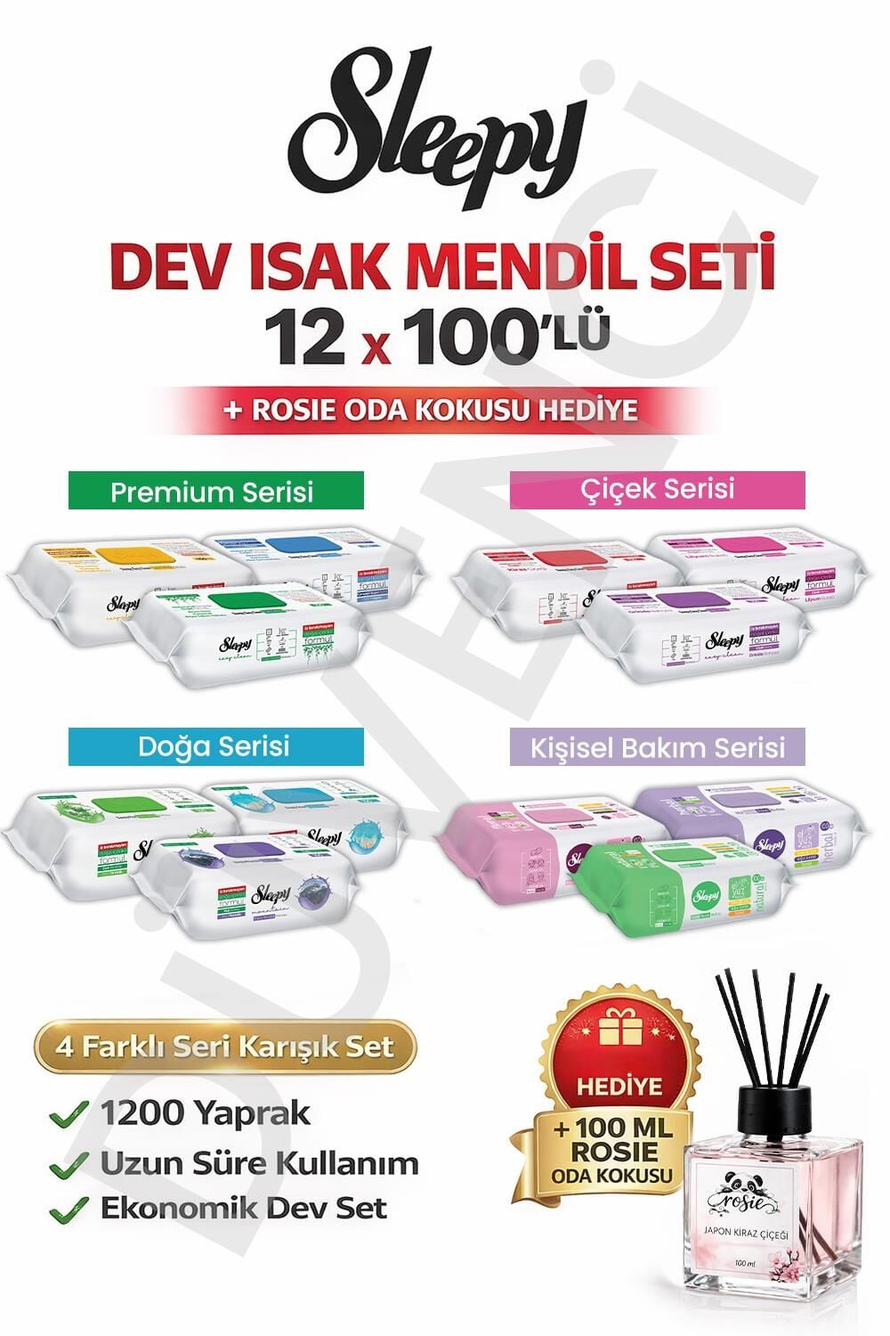 Sleepy Islak Mendil Mega Fırsat Paketi (12 Paket x 100 yaprak) ve Oda Kokusu