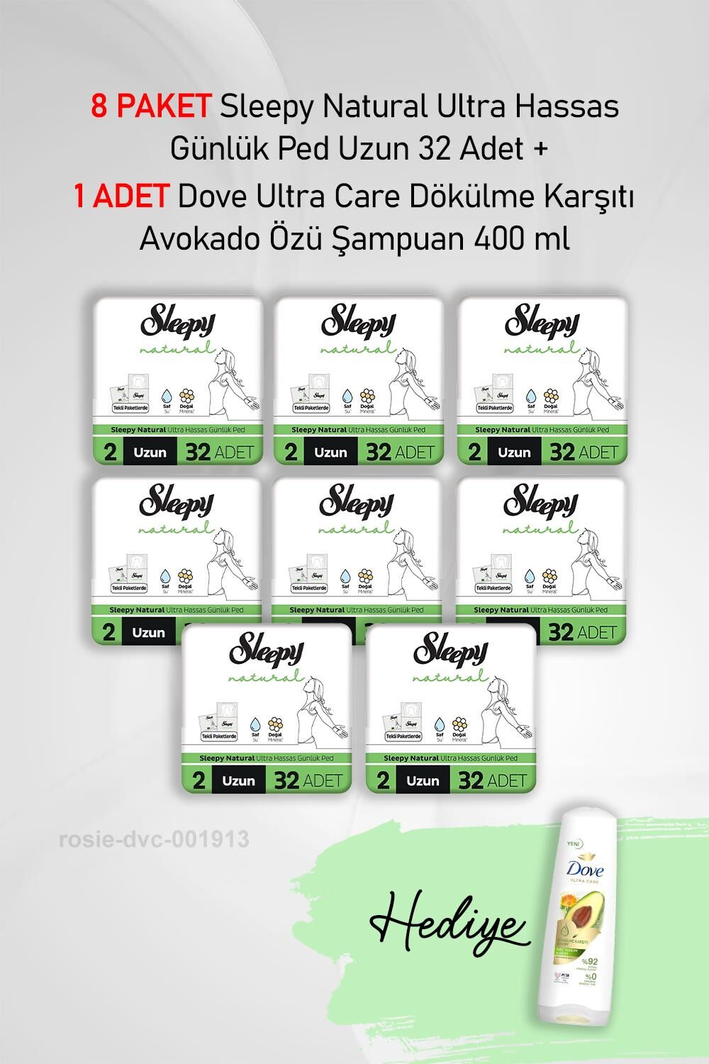 Sleepy Natural Ultra Hassas Günlük Ped Uzun 32 Adet X 8 ve Hediye Dove 400 ml