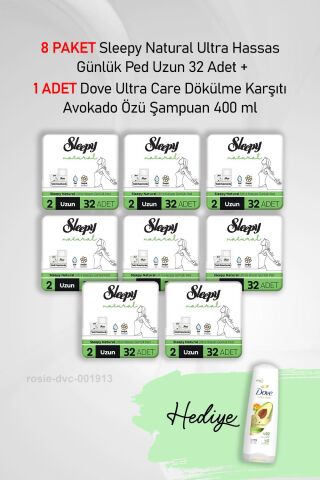 Sleepy Natural Ultra Hassas Günlük Ped Uzun 32 Adet X 8 ve Hediye Dove 400 ml