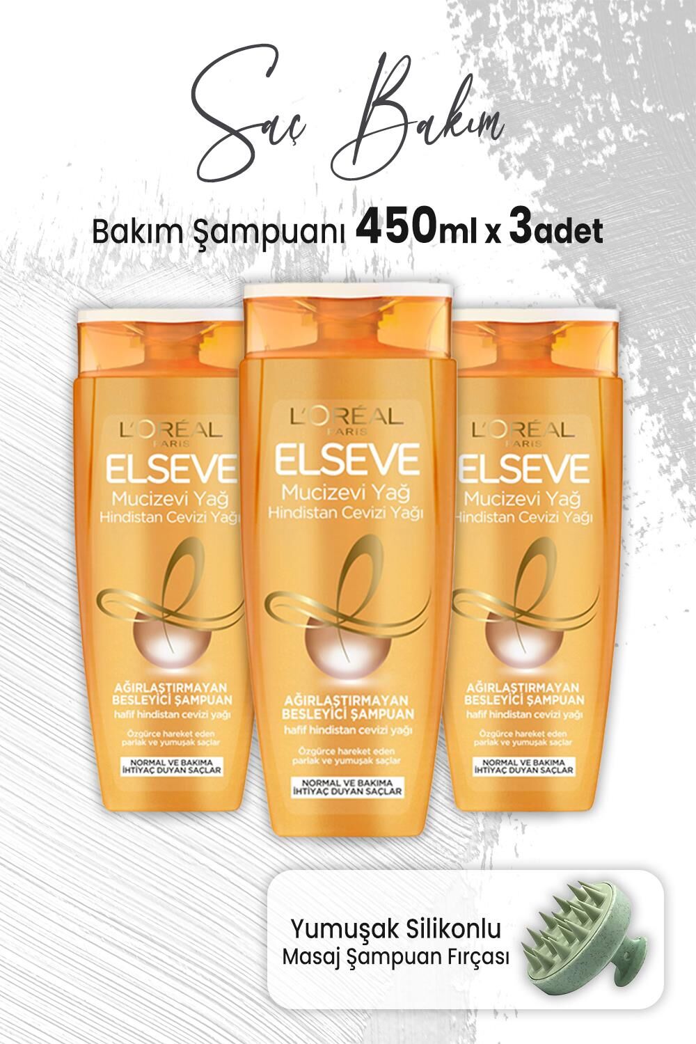 Elseve Mucizevi Hindistan Cevizi Ağırlaştırmayan Şampuan 450 ml x 3 Adet ve Masaj Şampuan Fırçası Yeşil