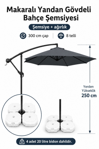 Antrasit Makaralı Bahçe Şemsiyesi 300 cm Çap / 8 Telli + 4'lü 20 lt Sabitleyici Bidon DAHİLDİR