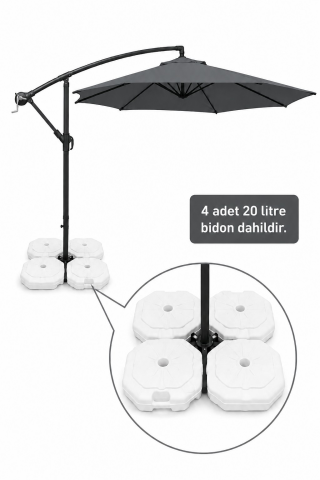 Antrasit Makaralı Bahçe Şemsiyesi 300 cm Çap / 8 Telli + 4'lü 20 lt Sabitleyici Bidon DAHİLDİR