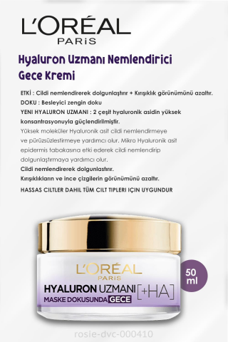 3 Adet Loreal Paris Hyaluron Uzmanı Nemlendirici Krem Gece 50 ml ve ROSIE