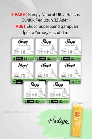Sleepy Natural Ultra Hassas Günlük Ped Uzun 32 Adet X 8 ve Elidor İpeksi Yumuşaklık 400 ml