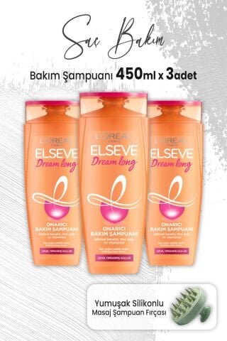 Elseve Dream Long Onarıcı Şampuan 450 ml x 3 Adet ve Masaj Şampuan Fırçası Yeşil