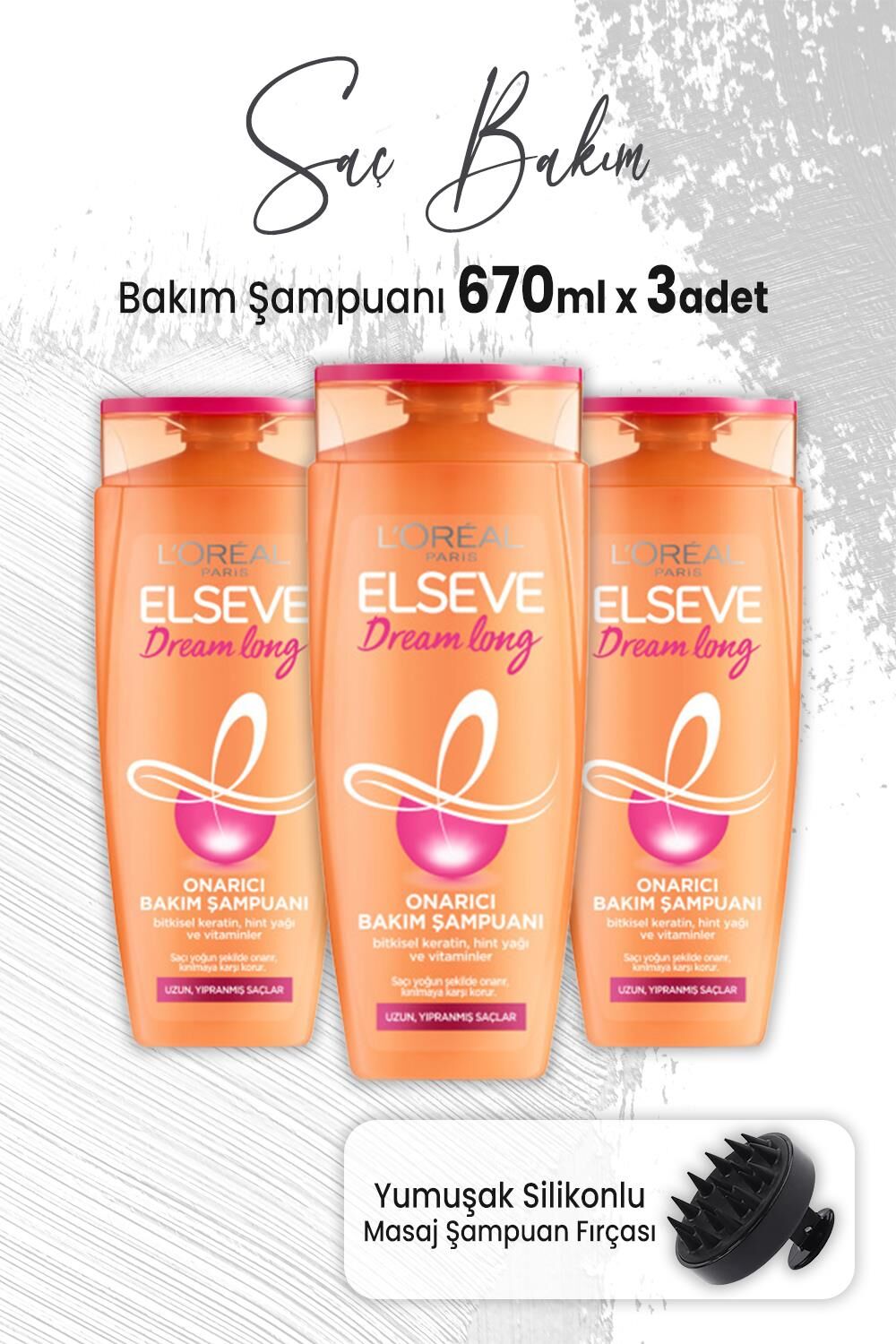 Elseve Dream Long Onarıcı Şampuan 670 ml x 3 Adet ve Masaj Şampuan Fırçası Siyah