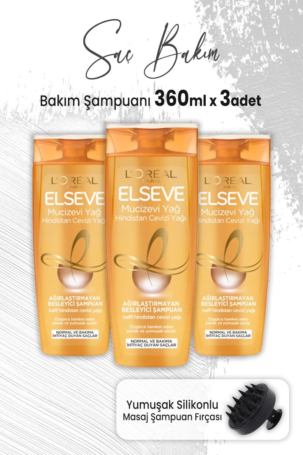 Elseve Mucizevi Yağ Şampuan Hindistan Cevizi 360 ml x 3 Adet ve Masaj Şampuan Fırçası Siyah