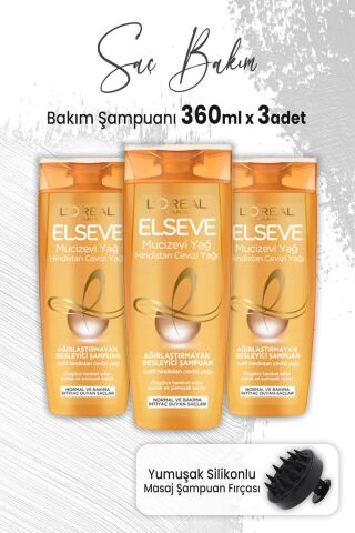 Elseve Mucizevi Yağ Şampuan Hindistan Cevizi 360 ml x 3 Adet ve Masaj Şampuan Fırçası Siyah