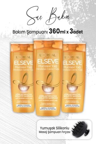 Elseve Mucizevi Yağ Şampuan Hindistan Cevizi 360 ml x 3 Adet ve Masaj Şampuan Fırçası Siyah