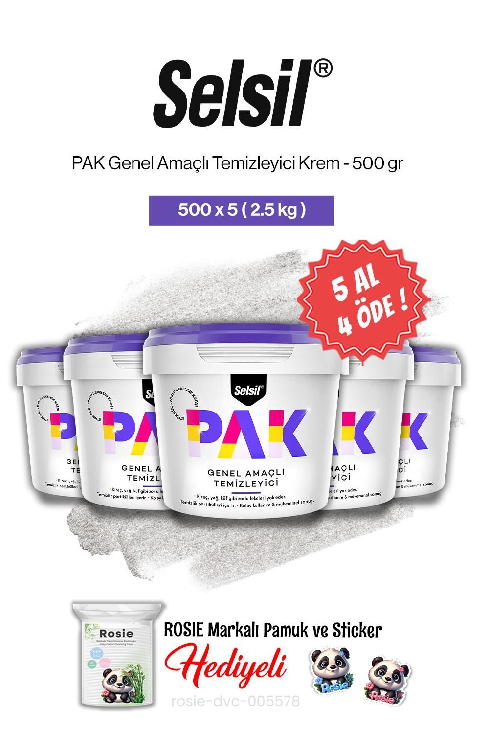 Selsil PAK 5 AL 4 ÖDE, 500 gr Genel Amaçlı Temizleyici Krem ve rosie pamuk