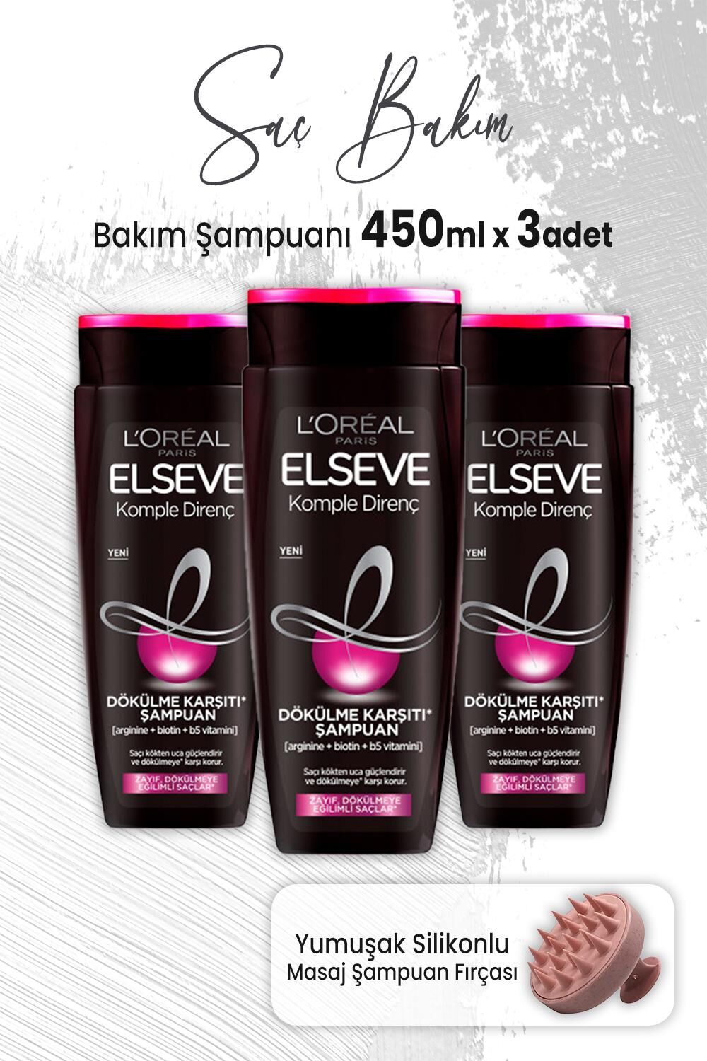 Elseve Komple Direnç Dökülme Karşıtı Şampuan 450 ml x 3 Adet ve Masaj Şampuan Fırçası Pembe