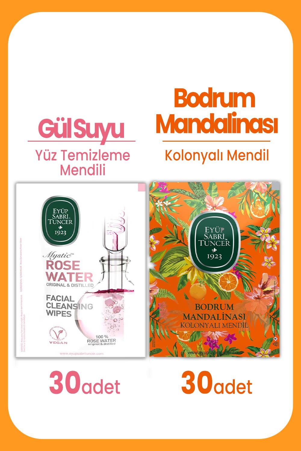 Eyüp Sabri Tuncer Gül Suyu Yüz Temizleme Mendili 30'lu  ve Bodrum Mandalinası Mendil 30'lu
