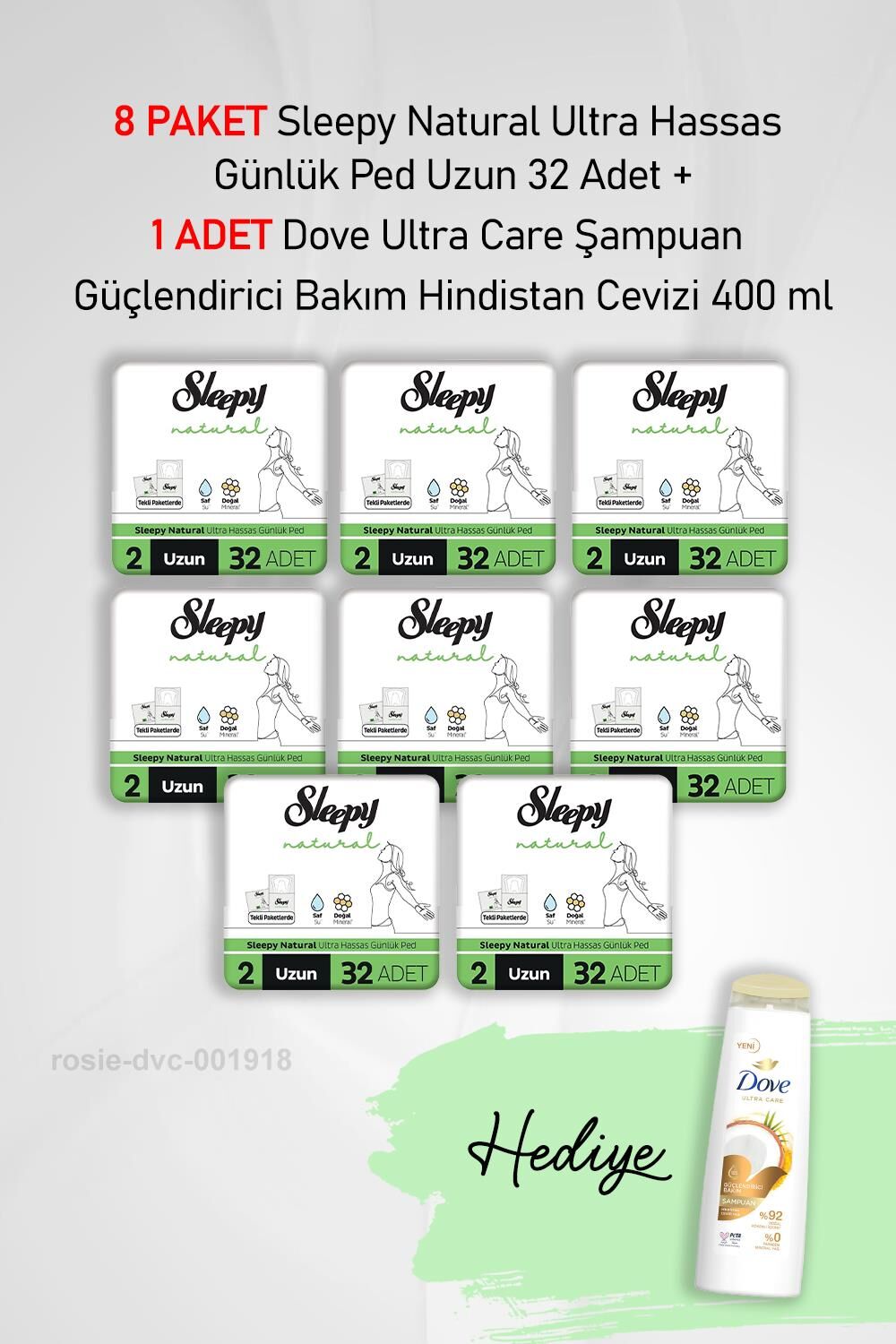 Sleepy Natural Ultra Hassas Günlük Ped Uzun 32 Adet X8 ve Hediye Dove 400 ml