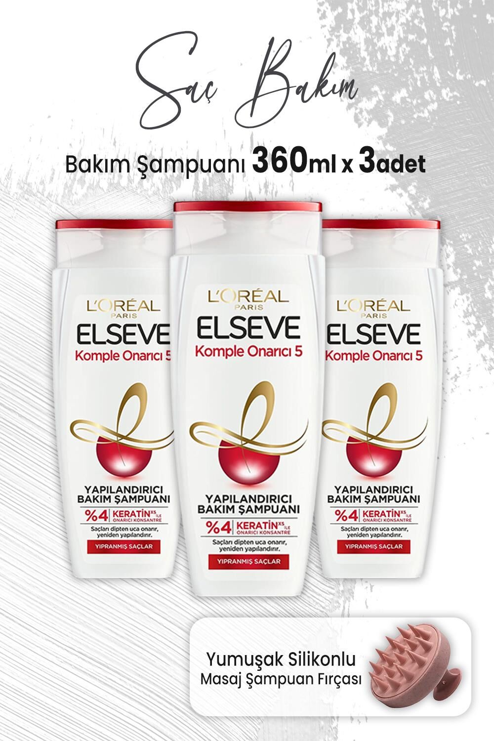 Elseve Komple Onarıcı 5 Yapılandırıcı Şampuan 360 ml x 3 Adet ve Masaj Şampuan Fırçası Pembe