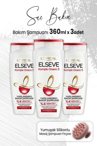 Elseve Komple Onarıcı 5 Yapılandırıcı Şampuan 360 ml x 3 Adet ve Masaj Şampuan Fırçası Pembe