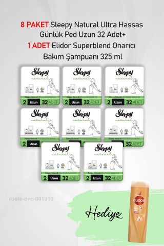 Sleepy Natural Ultra Hassas Günlük Ped Uzun 32 Adet X 8 ve Hediye Elidor 325 ml