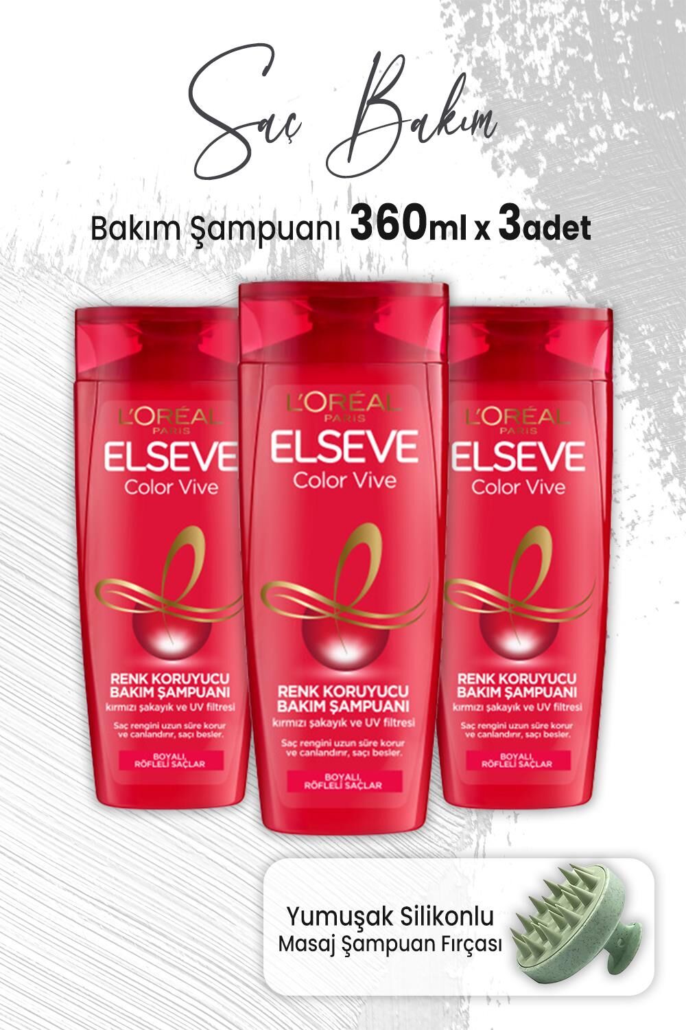 Elseve Color Vive Renk Koruyucu Şampuan 360 ml x 3 Adet ve Masaj Şampuan Fırçası Yeşil