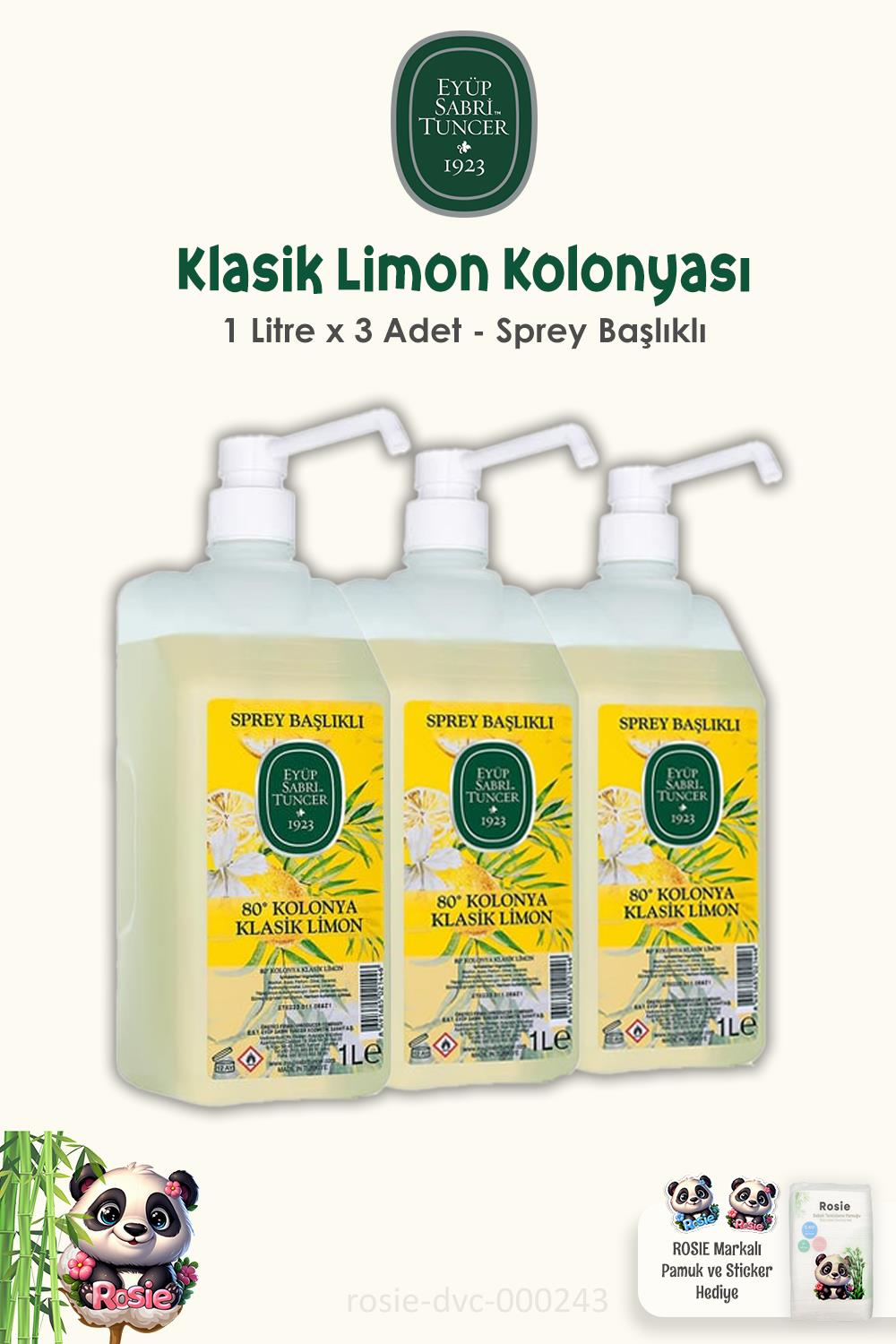 3'lü Eyüp Sabri Tuncer Klasik Limon Kolonyası Sprey Başlıklı 1 lt ve ROSIE Pamuk 60'lı