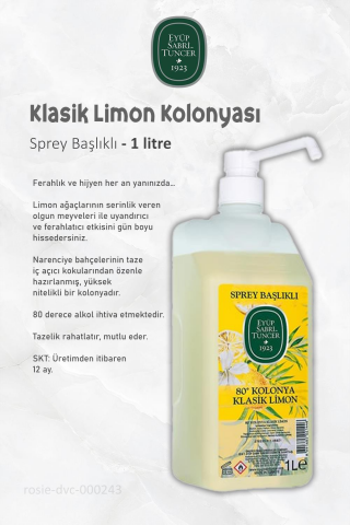 3'lü Eyüp Sabri Tuncer Klasik Limon Kolonyası Sprey Başlıklı 1 lt ve ROSIE Pamuk 60'lı