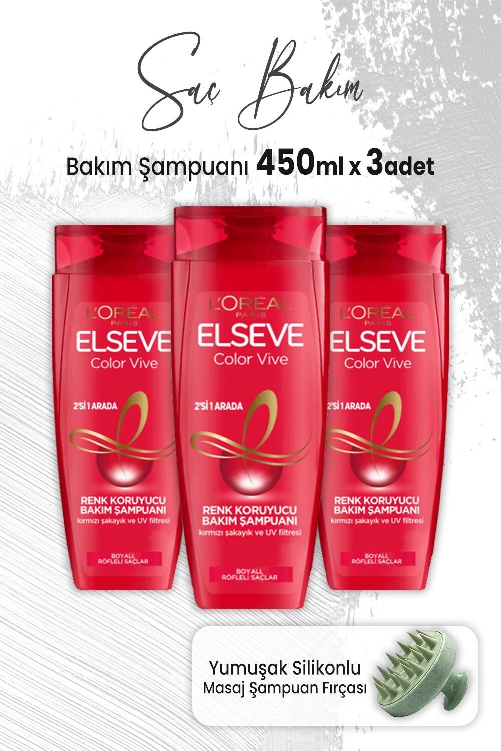 Elseve Color Vive Renk Koruyucu Şampuan 2si1 Arada 450 ml x 3 Adet ve Masaj Şampuan Fırçası Yeşil