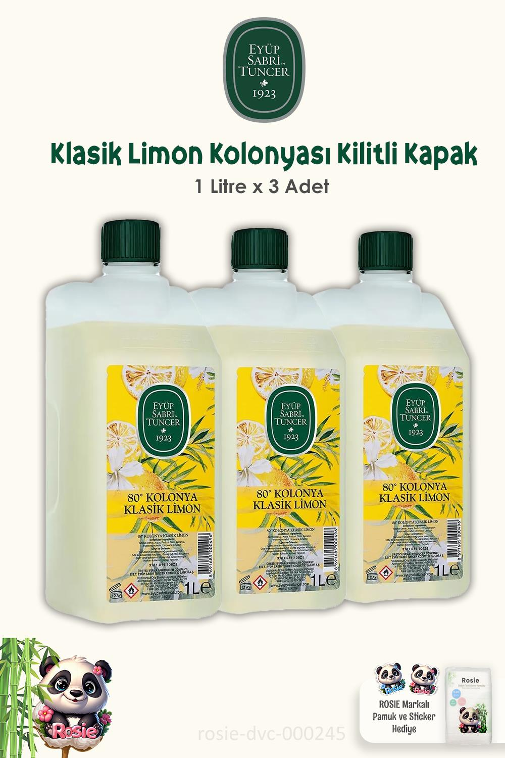 Eyüp Sabri Tuncer 3 Adet Klasik Limon Kolonyası Yedek Şişe 1 Lt ve ROSIE Pamuk