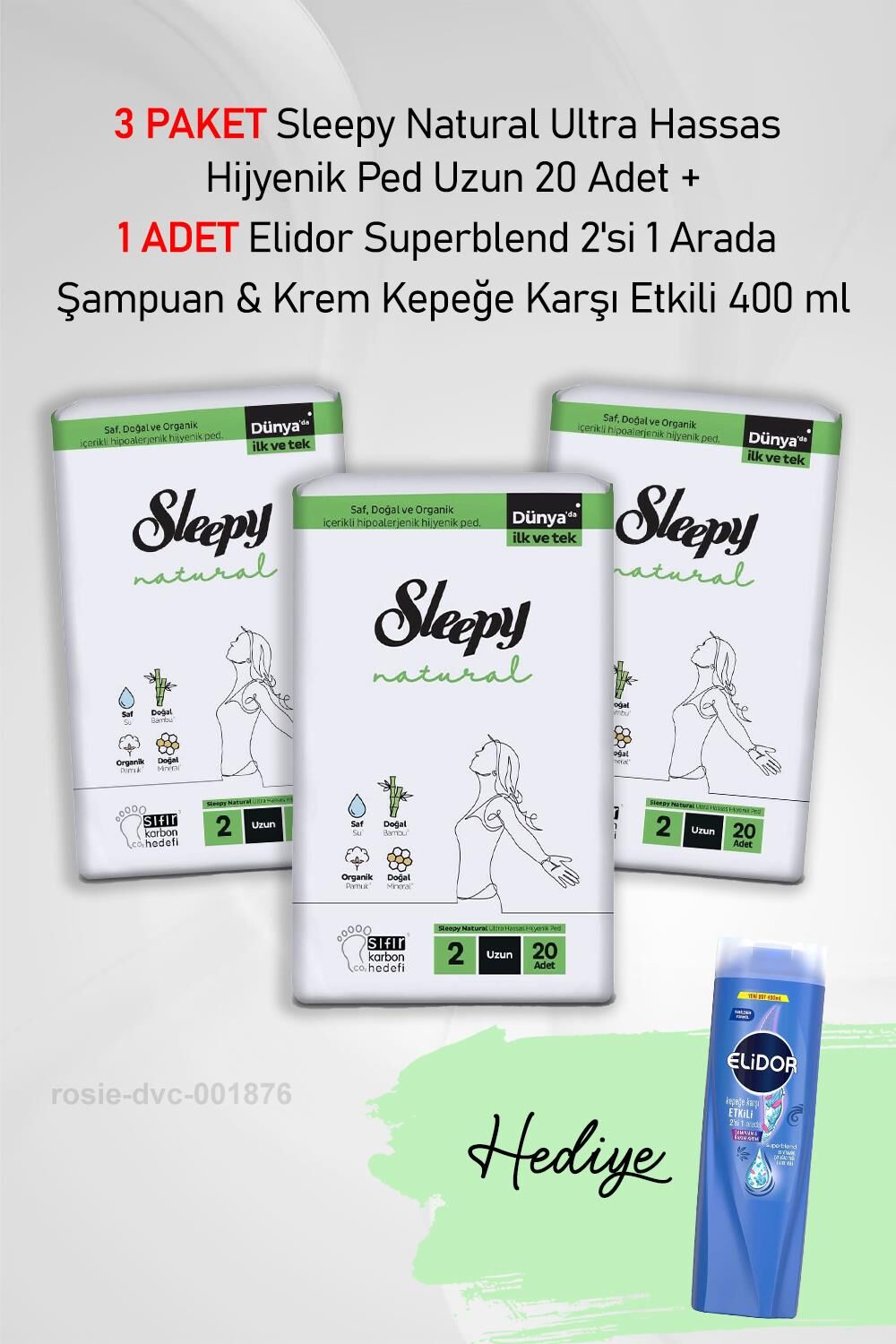 Sleepy Natural Ultra Hassas Hijyenik Ped Uzun 20 Adet X3 ve Elidor 2'si 1 Arada Şampuan 400 ml