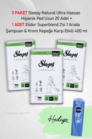 Sleepy Natural Ultra Hassas Hijyenik Ped Uzun 20 Adet X3 ve Elidor 2'si 1 Arada Şampuan 400 ml