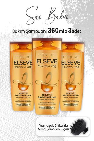 Elseve Mucizevi Yağ Şampuan Amla Yağı 360 ml x 3 Adet ve Masaj Şampuan Fırçası Siyah