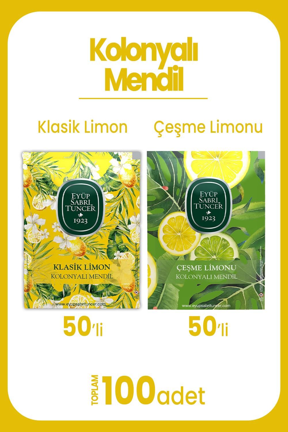 Eyüp Sabri Tuncer Klasik Limon 50'li ve Çeşme Limonu Kolonyalı Mendil 50'li