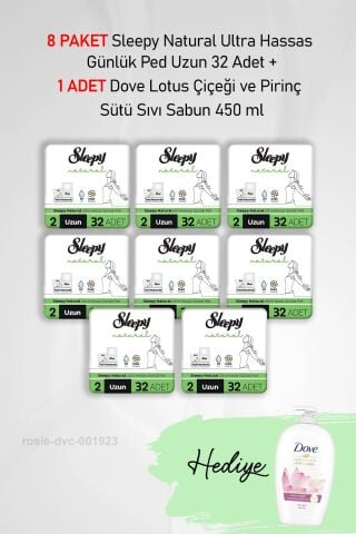 Sleepy Natural Ultra Hassas Günlük Ped Uzun 32 Adet X 8 ve Dove Sıvı Sabun 450 ml