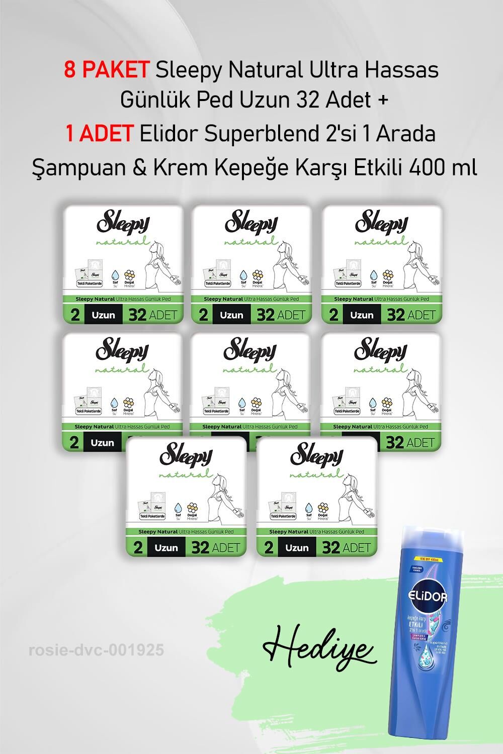 Sleepy Natural Ultra Hassas Günlük Ped Uzun 32 Adet X8 ve Hediye Elidor 2'si 1 Arada 400 ml
