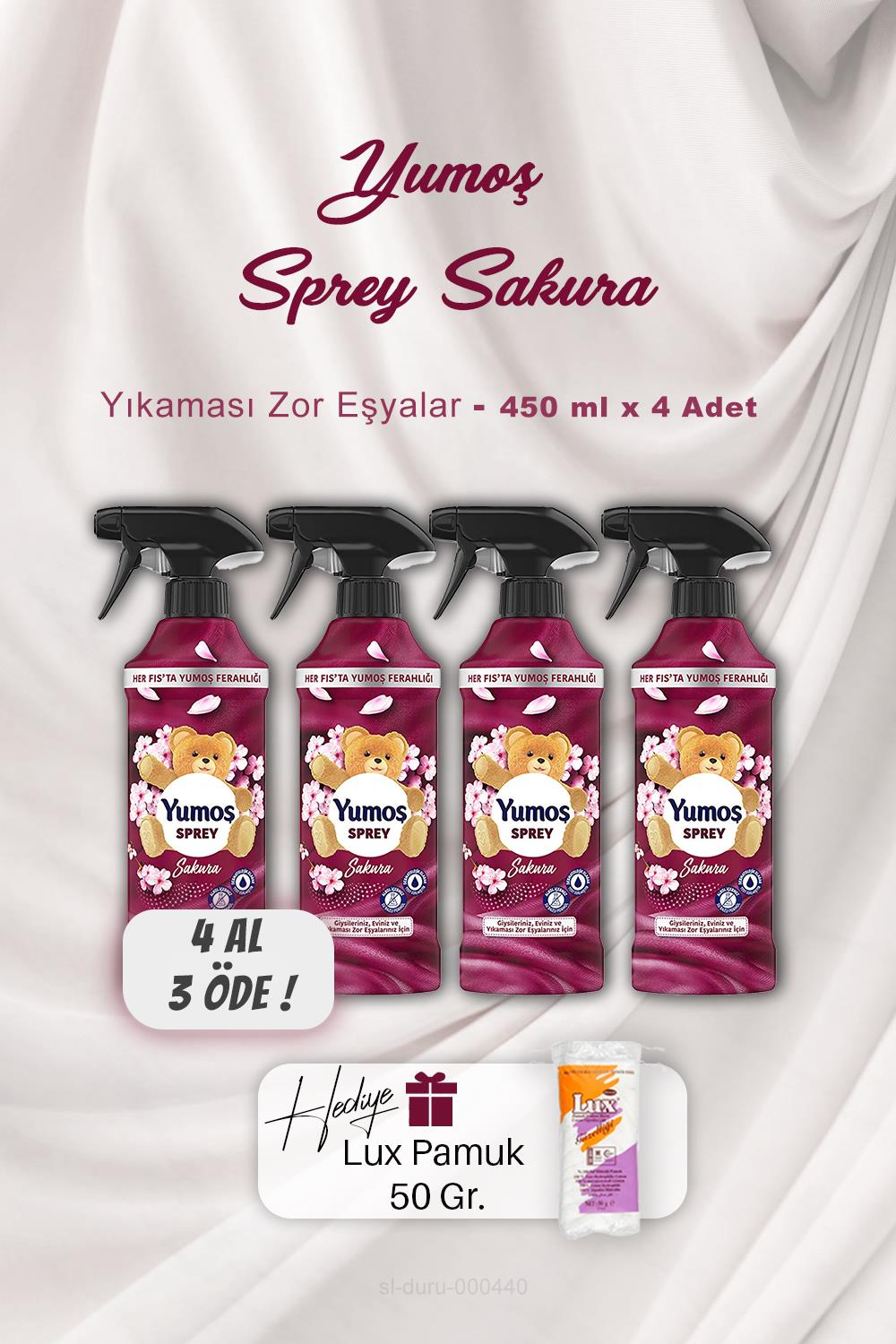 4 AL 3 ÖDE Yumoş Sprey Sakura 450 ml, Pamuk Hediyeli